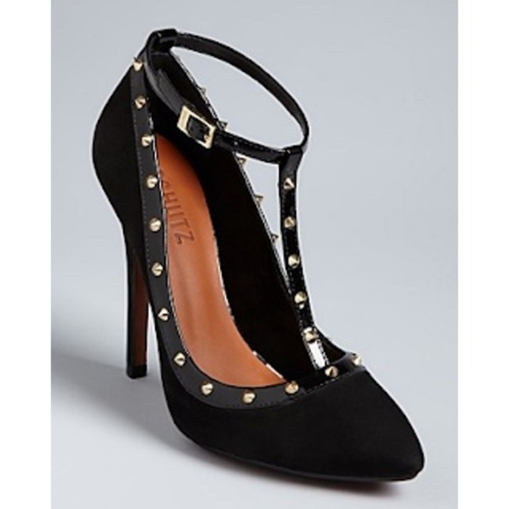 Schutz Black Suede Studded T-Strap Pumps Pointed Toe Stiletto Heels Size 8
